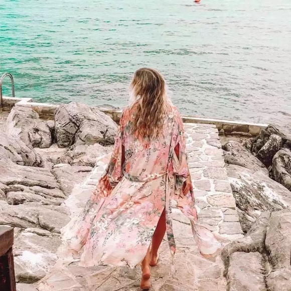 Pink Floral Lily Printed Boho Kimono Duster Robe - Picture 3 of 10